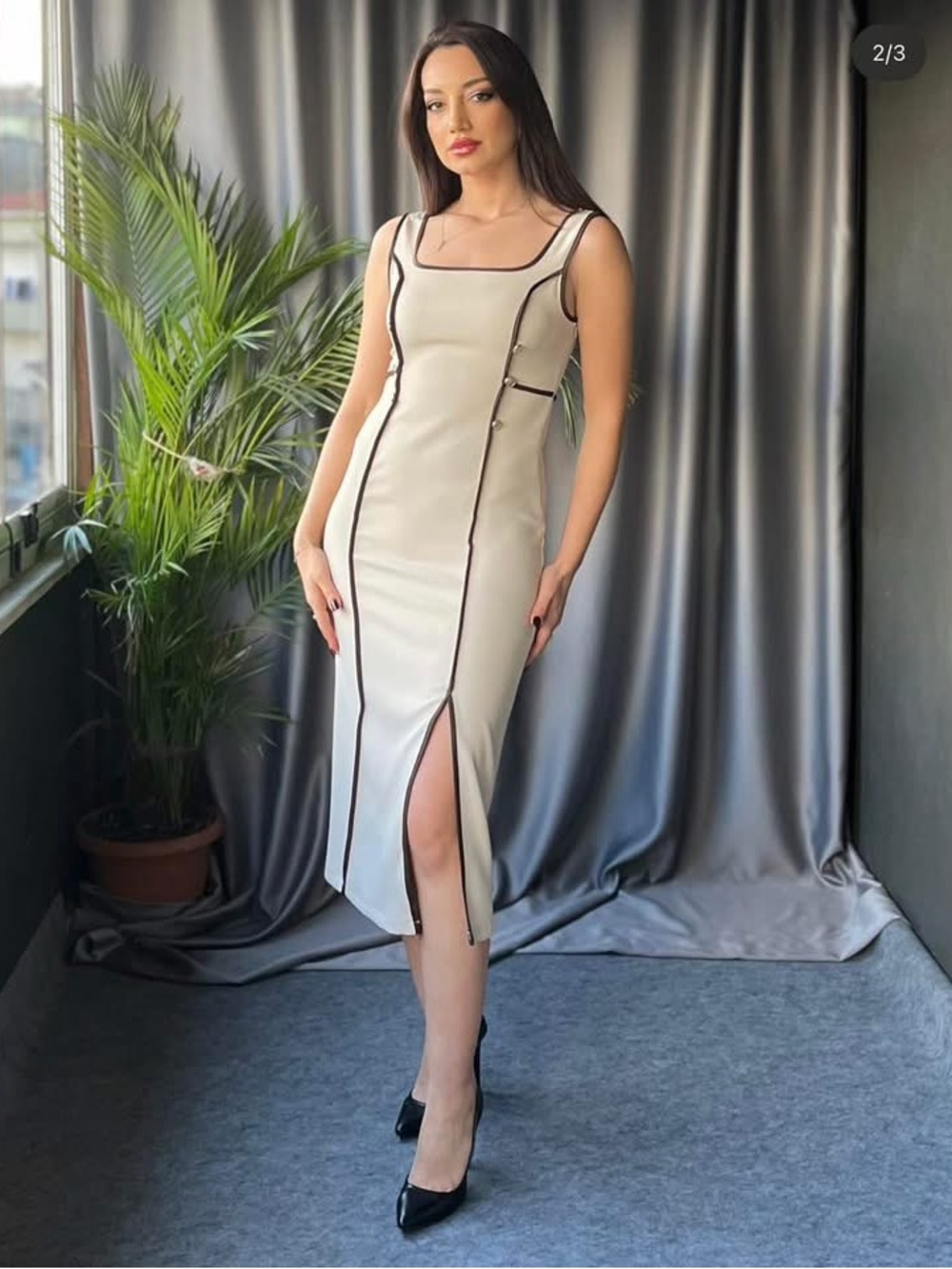 Zara Cream Midi Dress with Black Piping
